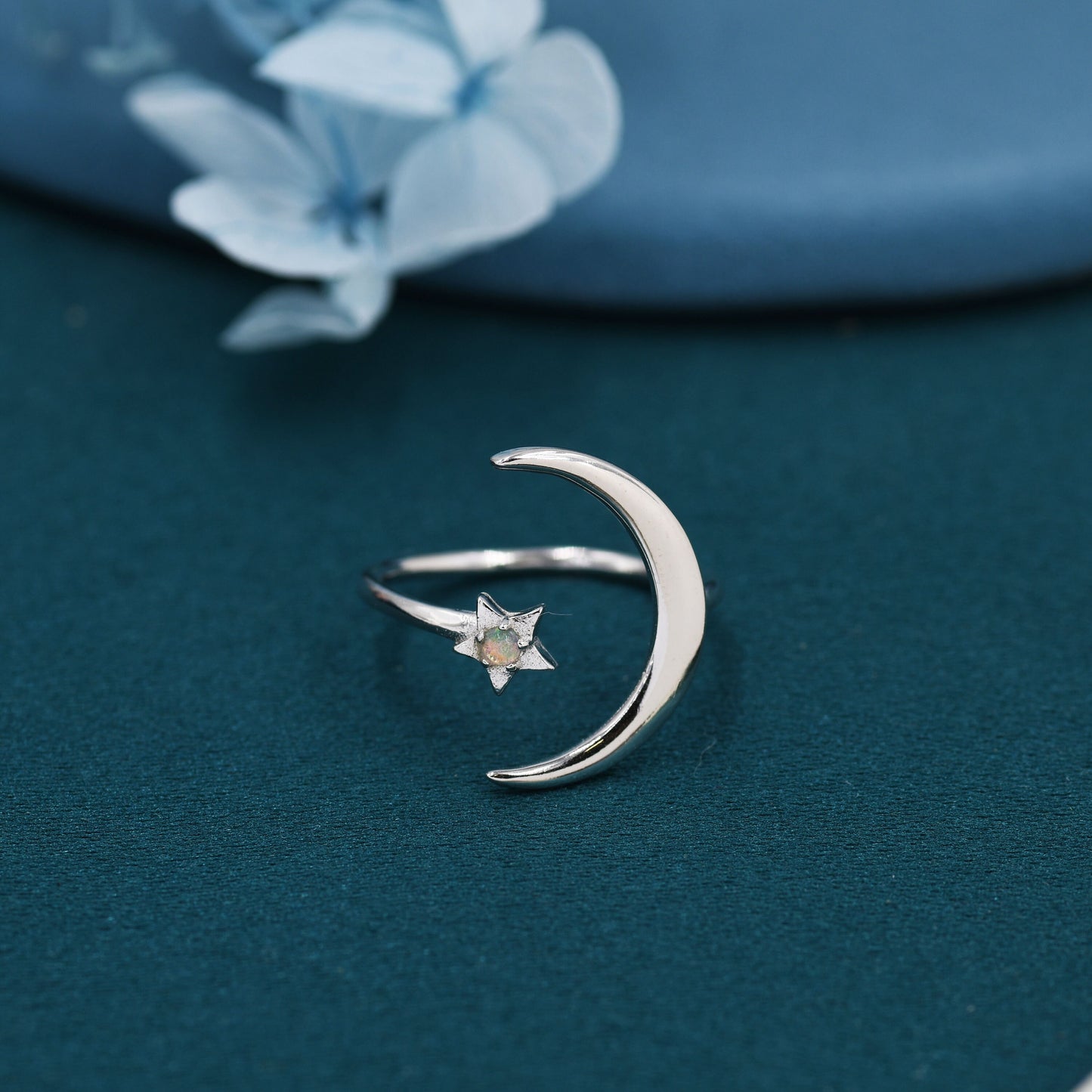 Opal Moon and Star Large Ring in Sterling Silver, Silver or Gold, New Moon Open Ring with Embellished Opal US 5 - 9 Statement Ring