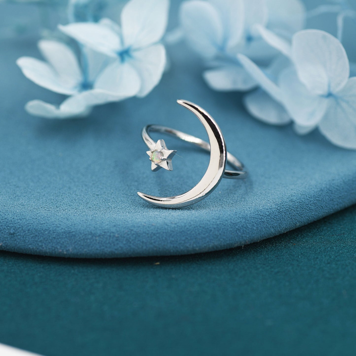 Opal Moon and Star Large Ring in Sterling Silver, Silver or Gold, New Moon Open Ring with Embellished Opal US 5 - 9 Statement Ring