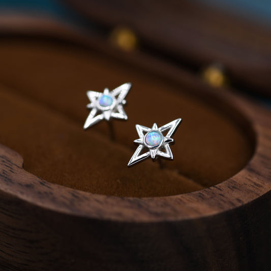 North Star Opal Stud Earrings in Sterling Silver - Gold or Silver - Opal Starburst Earrings - Petite Stud Earrings