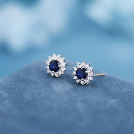 Sapphire Flower Stud Earrings in Sterling Silver, Gold or Silver, Simulated Sapphire Flower Earrings, Blue CZ Flower Earrings