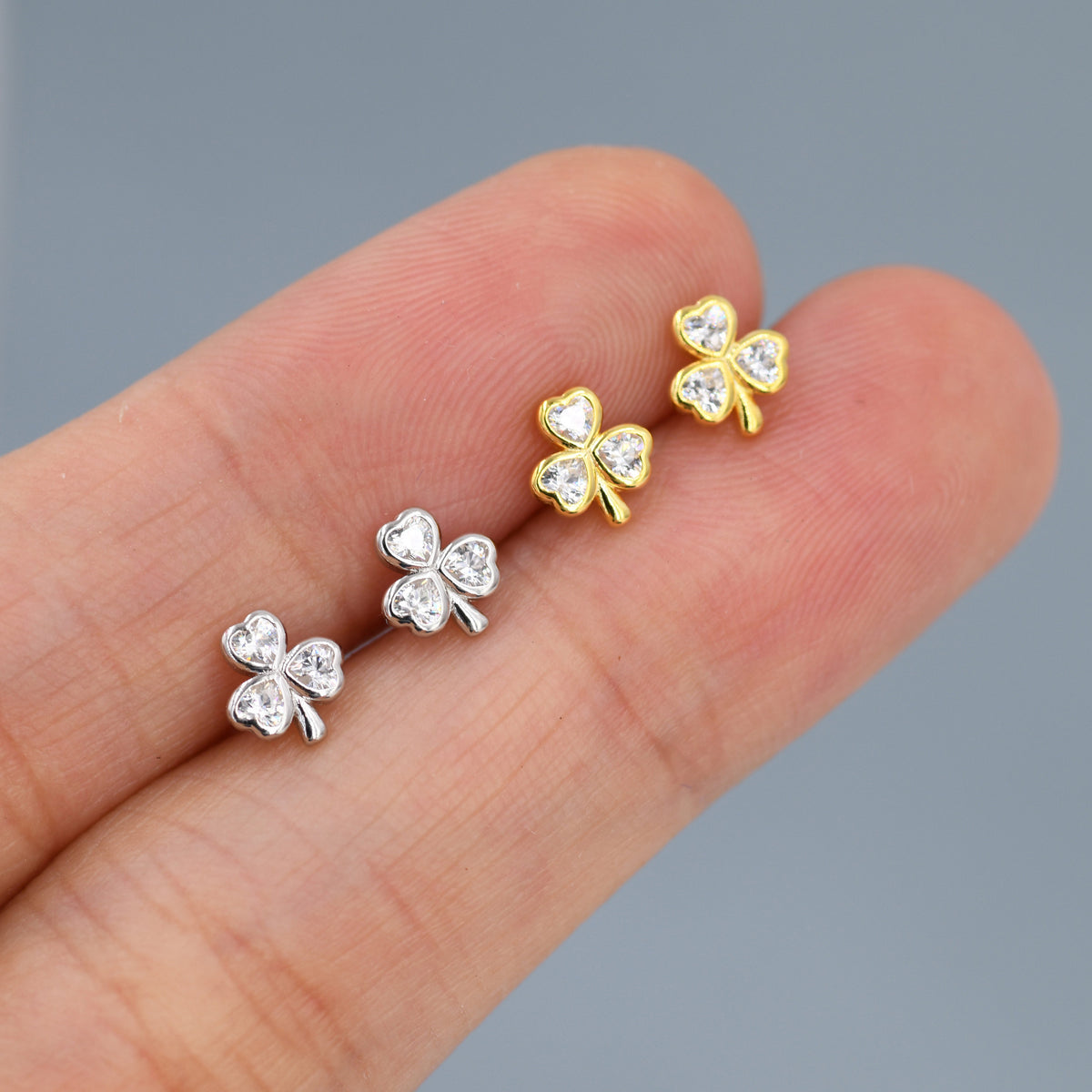 CZ Shamrock Tiny Stud Earrings in Sterling Silver, Clover Earrings, Irish Earrings, Silver or Gold Flower Earrings