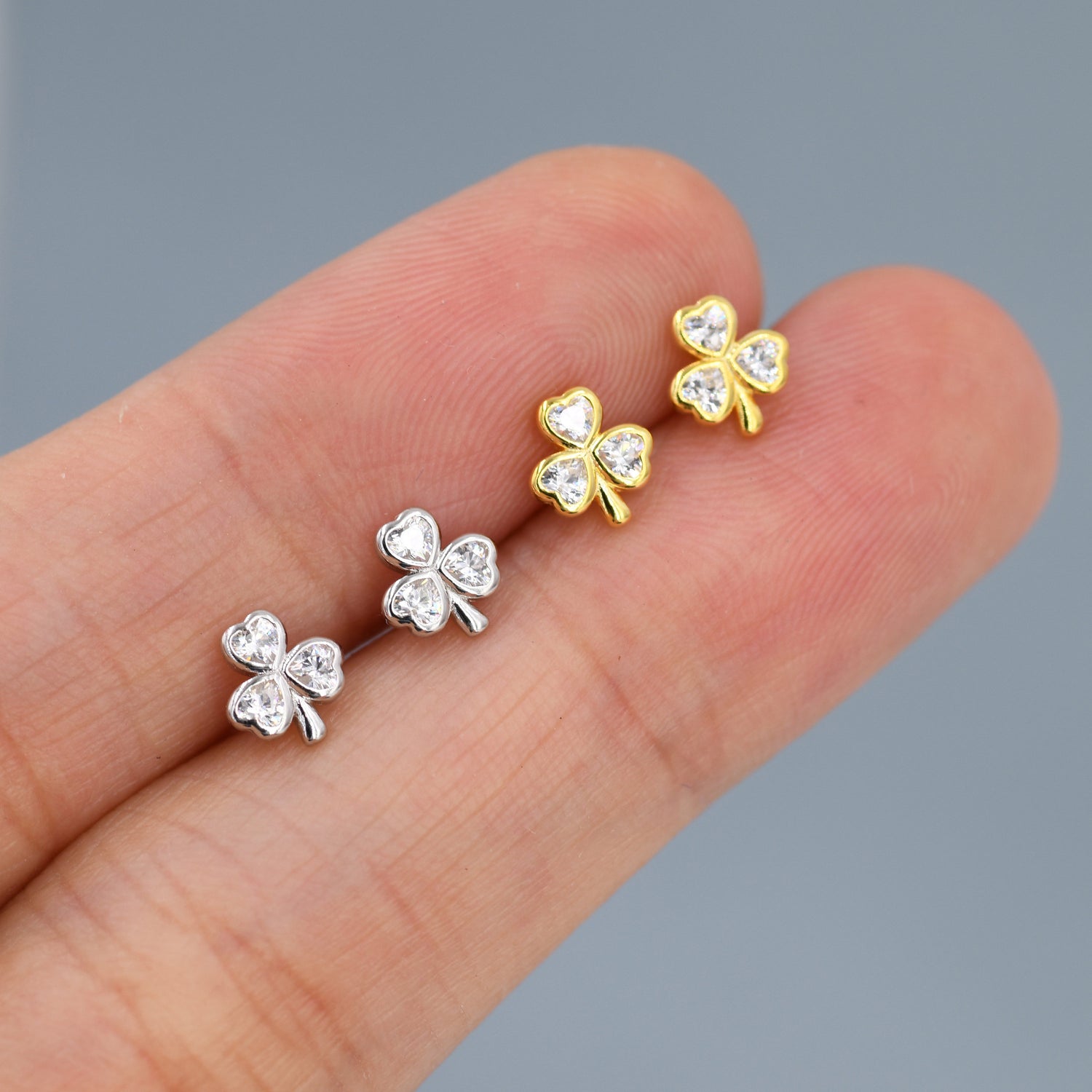 CZ Shamrock Tiny Stud Earrings in Sterling Silver, Clover Earrings, Irish Earrings, Silver or Gold Flower Earrings