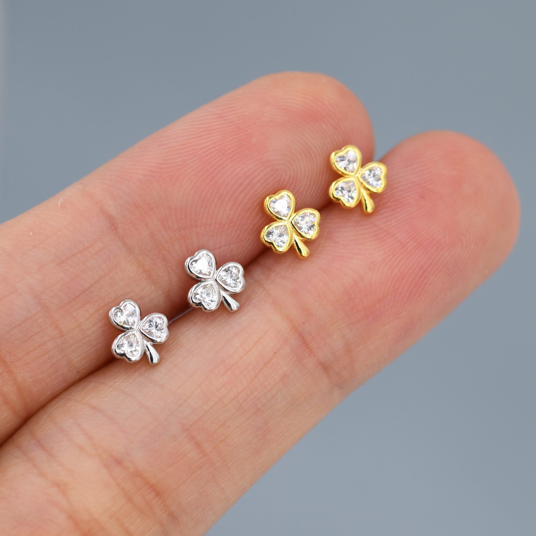 CZ Shamrock Tiny Stud Earrings in Sterling Silver, Clover Earrings, Irish Earrings, Silver or Gold Flower Earrings
