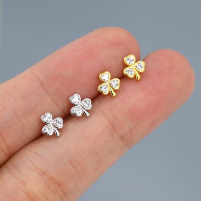 CZ Shamrock Tiny Stud Earrings in Sterling Silver,  Clover Earrings, Irish Earrings, Silver or Gold Flower Earrings