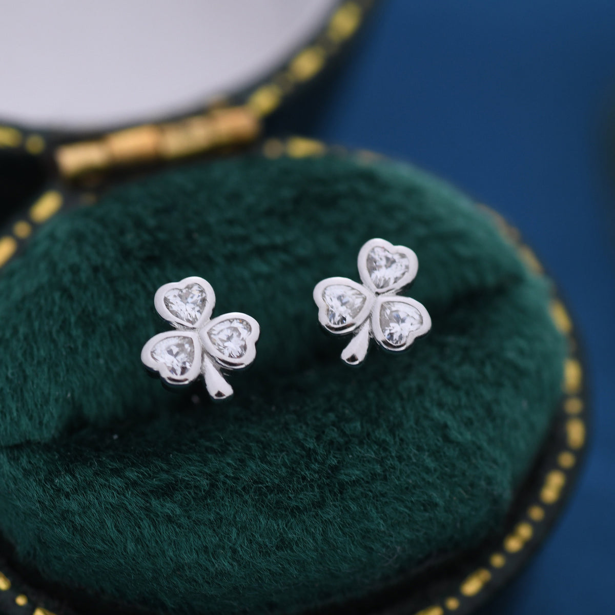 CZ Shamrock Tiny Stud Earrings in Sterling Silver, Clover Earrings, Irish Earrings, Silver or Gold Flower Earrings