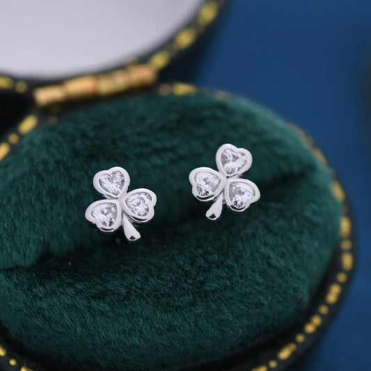 CZ Shamrock Tiny Stud Earrings in Sterling Silver,  Clover Earrings, Irish Earrings, Silver or Gold Flower Earrings