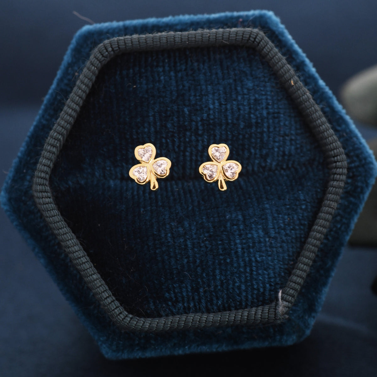 CZ Shamrock Tiny Stud Earrings in Sterling Silver, Clover Earrings, Irish Earrings, Silver or Gold Flower Earrings