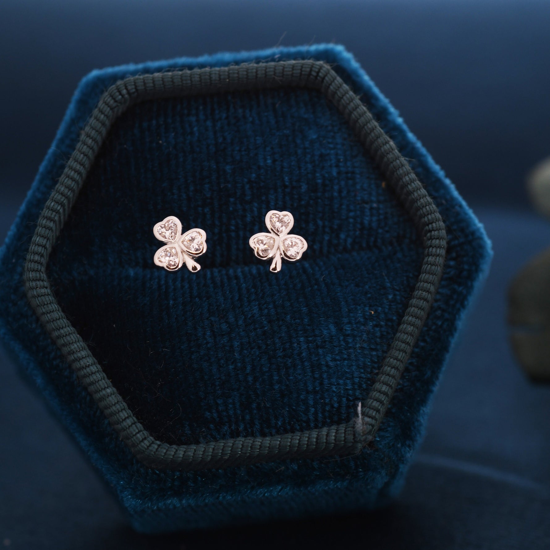 CZ Shamrock Tiny Stud Earrings in Sterling Silver, Clover Earrings, Irish Earrings, Silver or Gold Flower Earrings