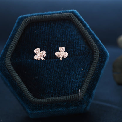 CZ Shamrock Tiny Stud Earrings in Sterling Silver,  Clover Earrings, Irish Earrings, Silver or Gold Flower Earrings