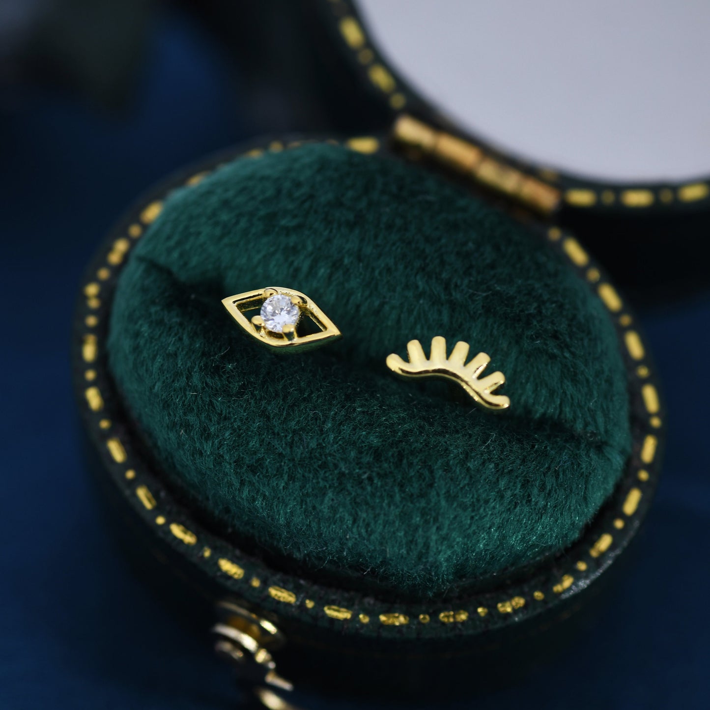 Mismatched Tiny Winking Eyes Stud Earrings in Sterling Silver, Eye Earrings, Stacking Earrings, Silver or Gold Finish, Eye Stud