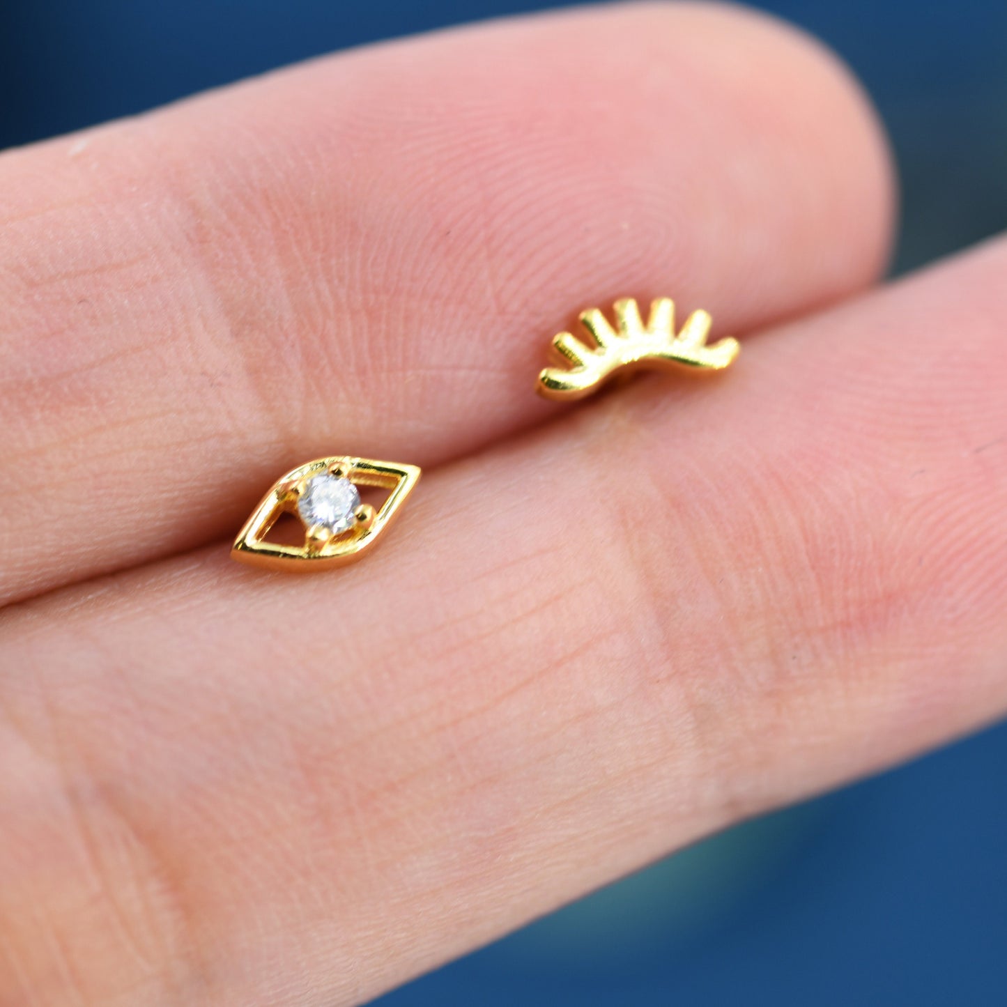 Mismatched Tiny Winking Eyes Stud Earrings in Sterling Silver, Eye Earrings, Stacking Earrings, Silver or Gold Finish, Eye Stud