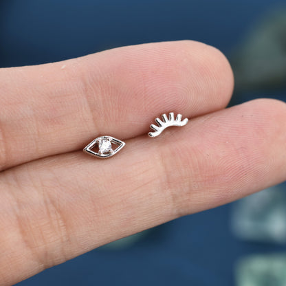 Mismatched Tiny Winking Eyes Stud Earrings in Sterling Silver, Eye Earrings, Stacking Earrings, Silver or Gold Finish, Eye Stud