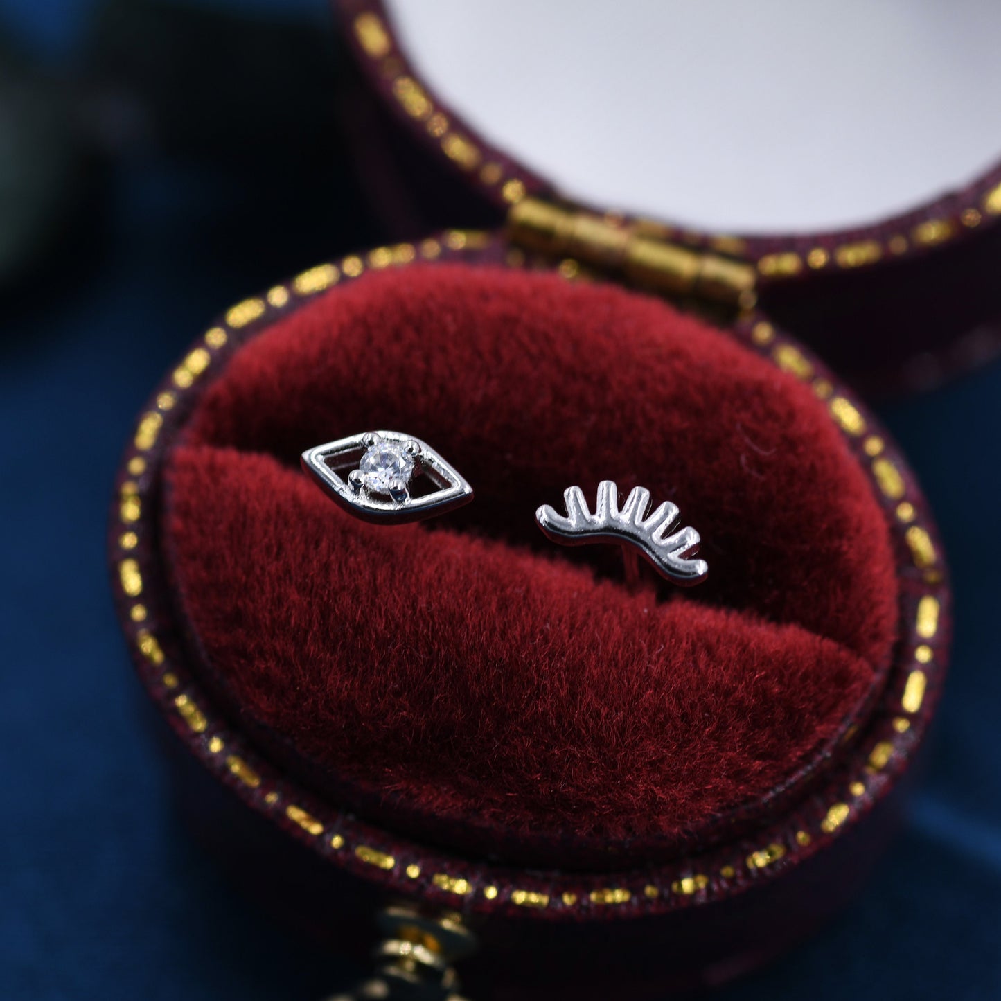 Mismatched Tiny Winking Eyes Stud Earrings in Sterling Silver, Eye Earrings, Stacking Earrings, Silver or Gold Finish, Eye Stud