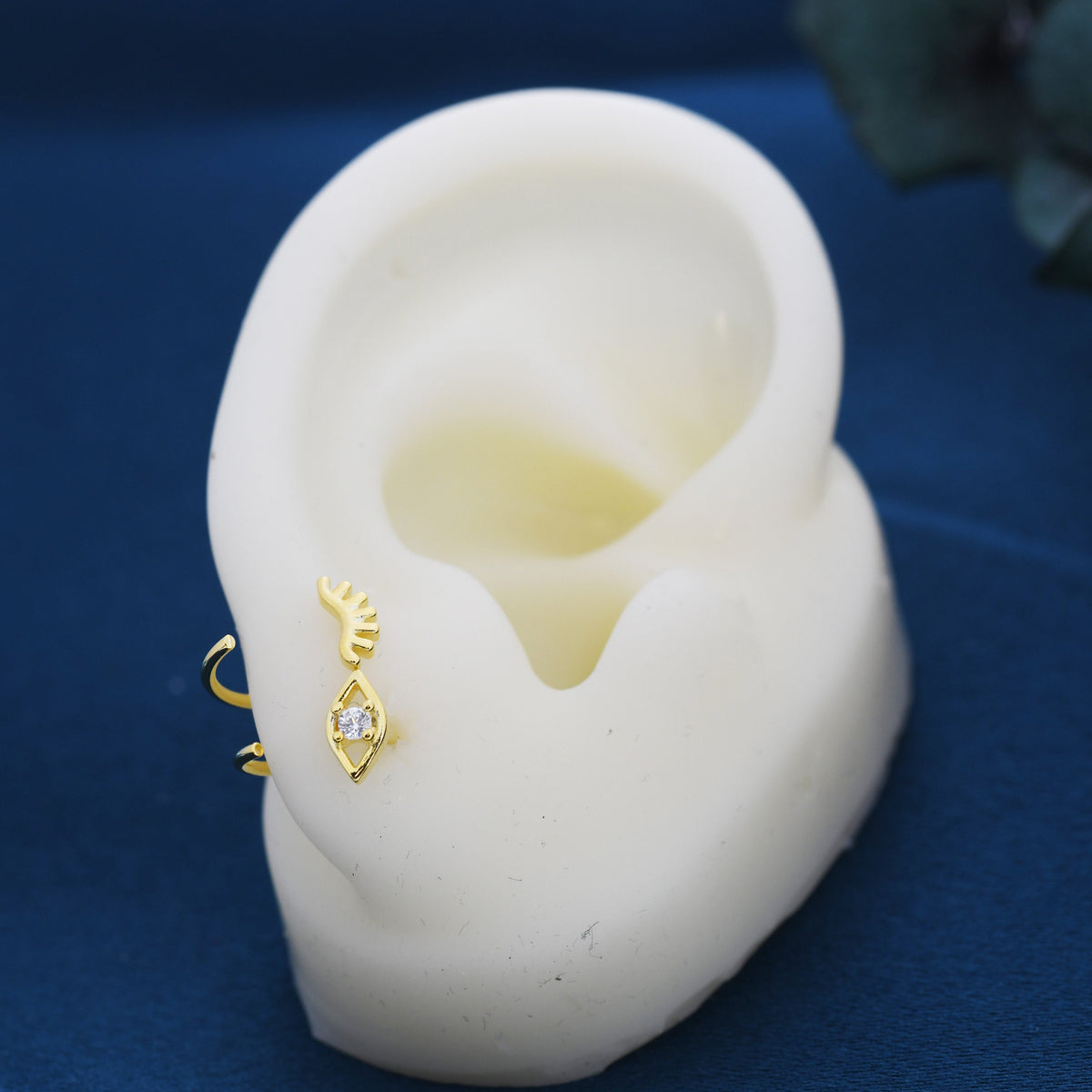Mismatched Tiny Winking Eyes Huggie Hoop Earrings in Sterling Silver, Eye Earrings, Silver or Gold, C Shape Threader Hoops