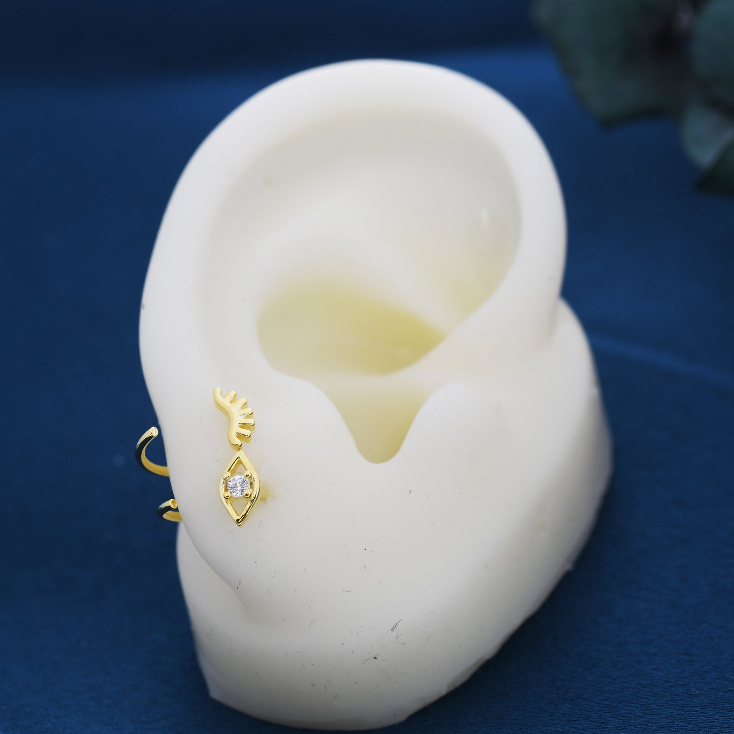 Mismatched Tiny Winking Eyes Huggie Hoop Earrings in Sterling Silver, Eye Earrings, Silver or Gold, C Shape Threader Hoops