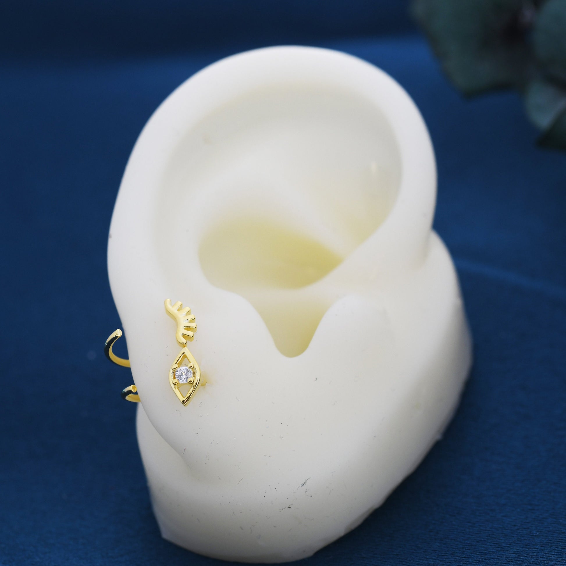 Mismatched Tiny Winking Eyes Huggie Hoop Earrings in Sterling Silver, Eye Earrings, Silver or Gold, C Shape Threader Hoops