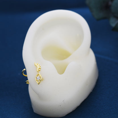 Mismatched Tiny Winking Eyes Huggie Hoop Earrings in Sterling Silver, Eye Earrings, Silver or Gold, C Shape Threader Hoops