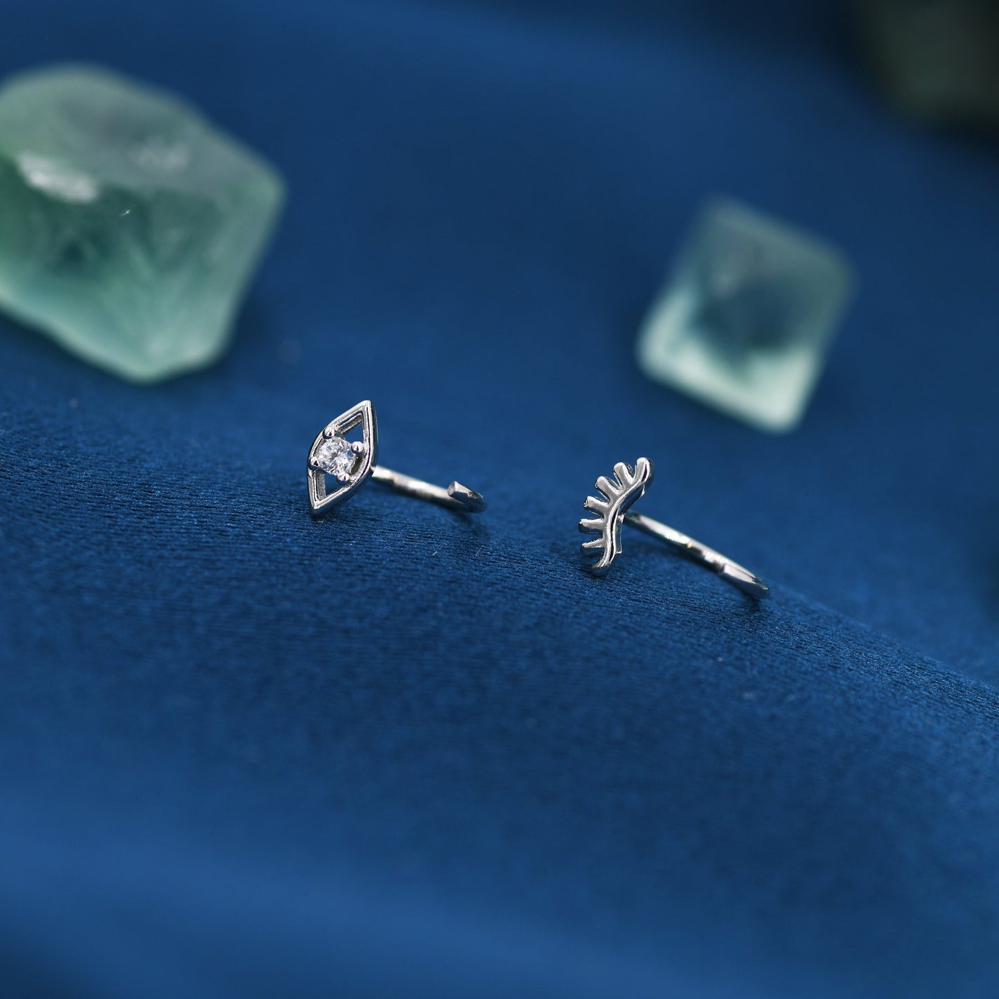 Mismatched Tiny Winking Eyes Huggie Hoop Earrings in Sterling Silver, Eye Earrings, Silver or Gold, C Shape Threader Hoops