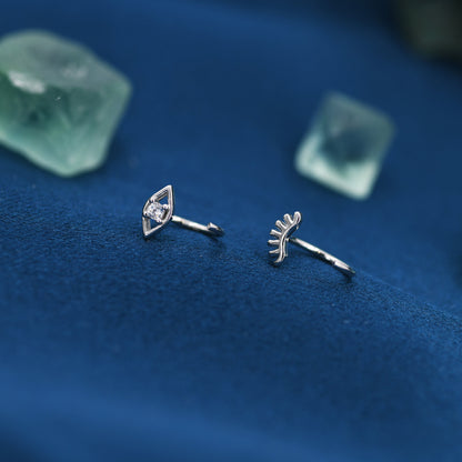 Mismatched Tiny Winking Eyes Huggie Hoop Earrings in Sterling Silver, Eye Earrings, Silver or Gold, C Shape Threader Hoops