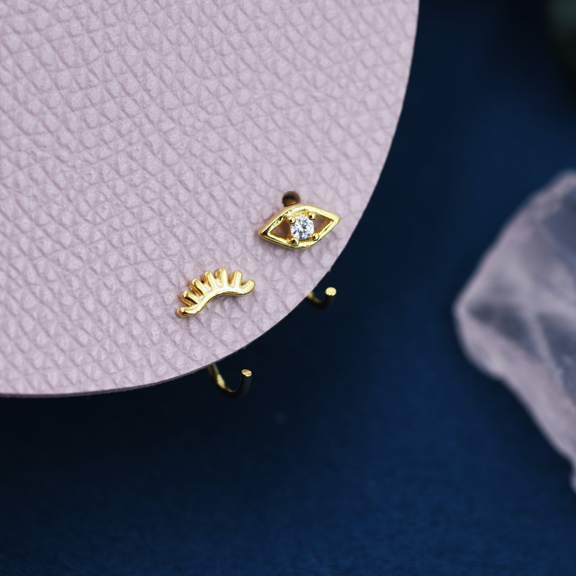 Mismatched Tiny Winking Eyes Huggie Hoop Earrings in Sterling Silver, Eye Earrings, Silver or Gold, C Shape Threader Hoops