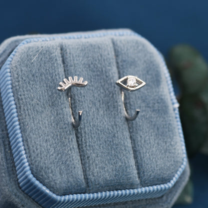 Mismatched Tiny Winking Eyes Huggie Hoop Earrings in Sterling Silver, Eye Earrings, Silver or Gold, C Shape Threader Hoops