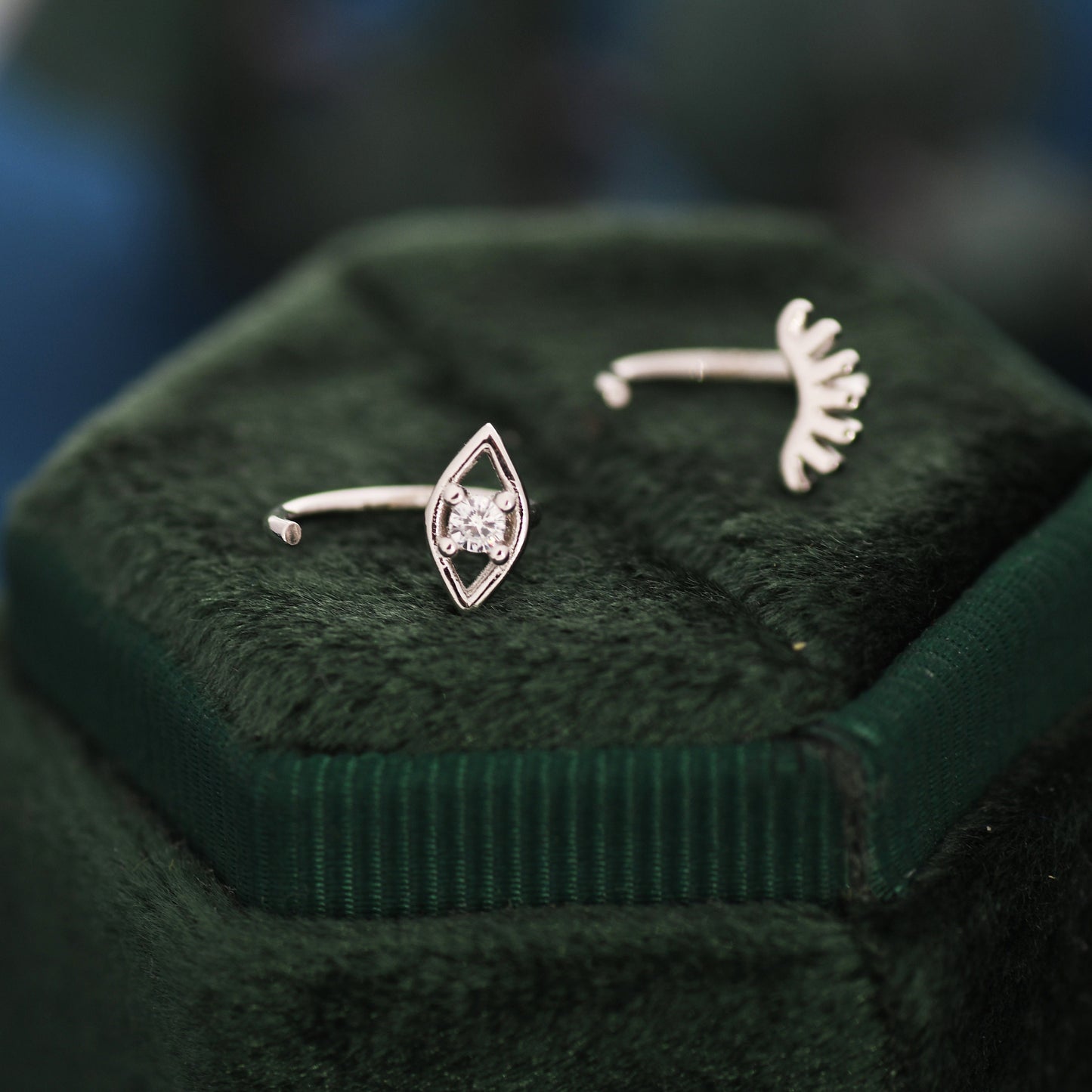 Mismatched Tiny Winking Eyes Huggie Hoop Earrings in Sterling Silver, Eye Earrings, Silver or Gold, C Shape Threader Hoops