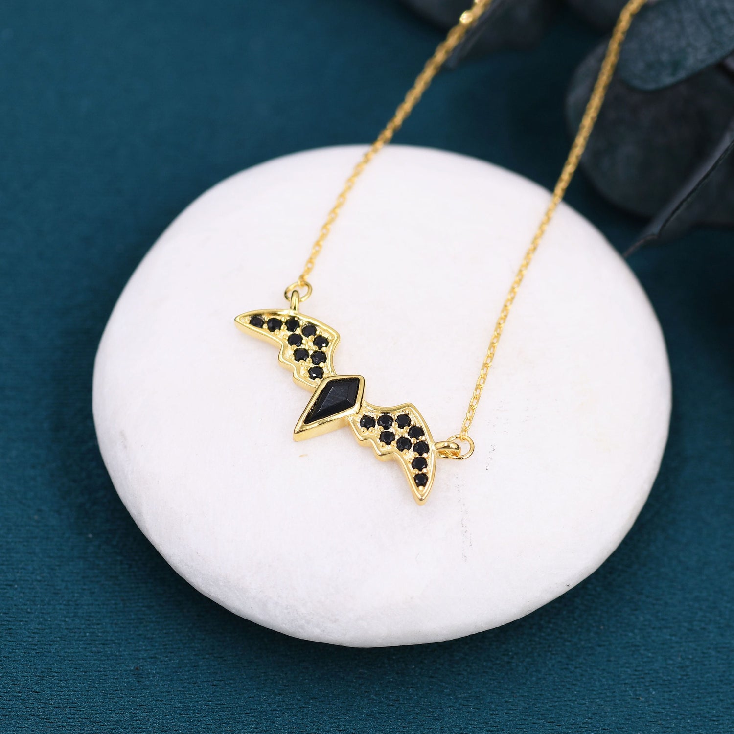 Black CZ Bat Charm Necklace