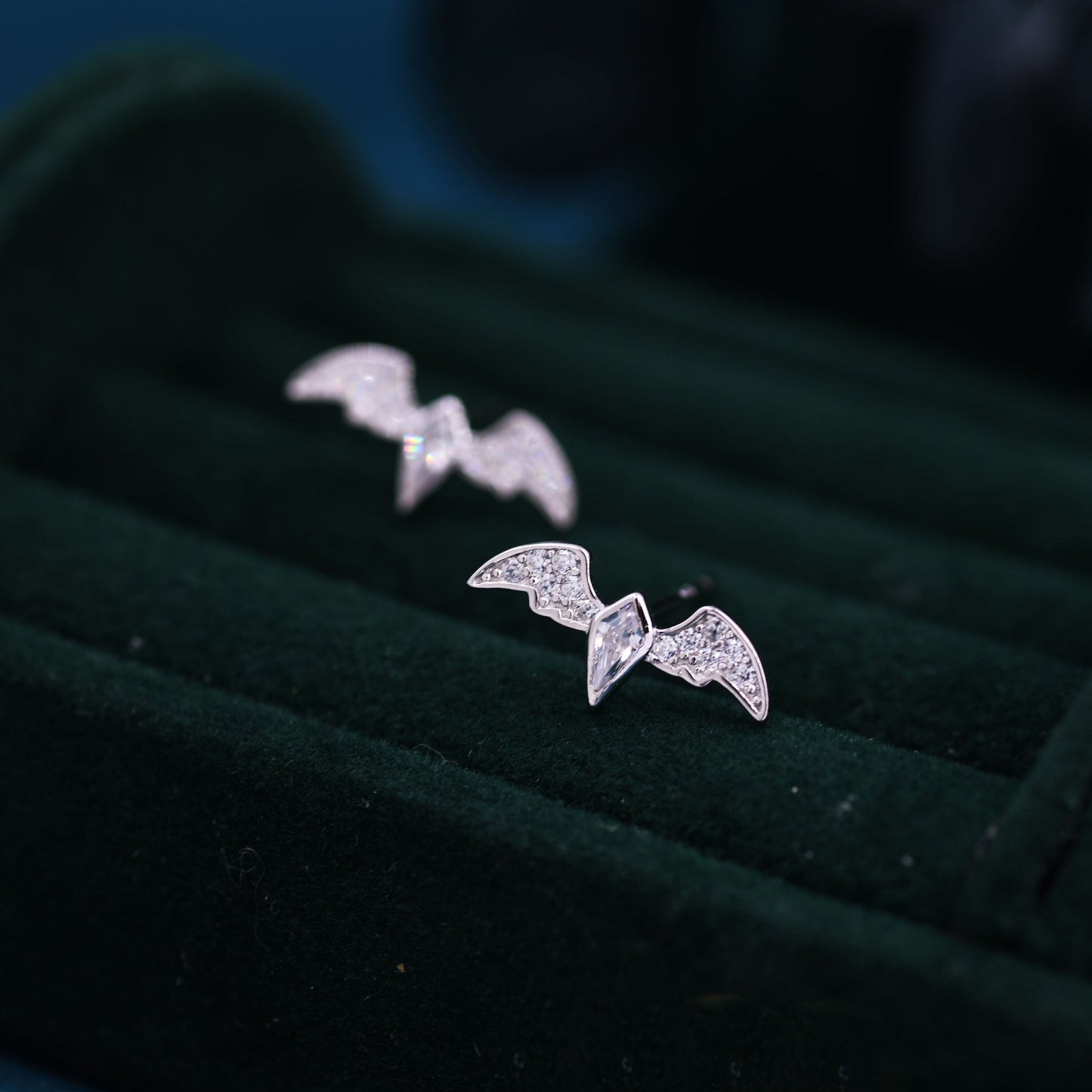 CZ Crystal Bat Stud Earrings in Sterling Silver, Silver or Gold, Rhombus Bat Earrings, Stacking Earrings, Animal Earrings