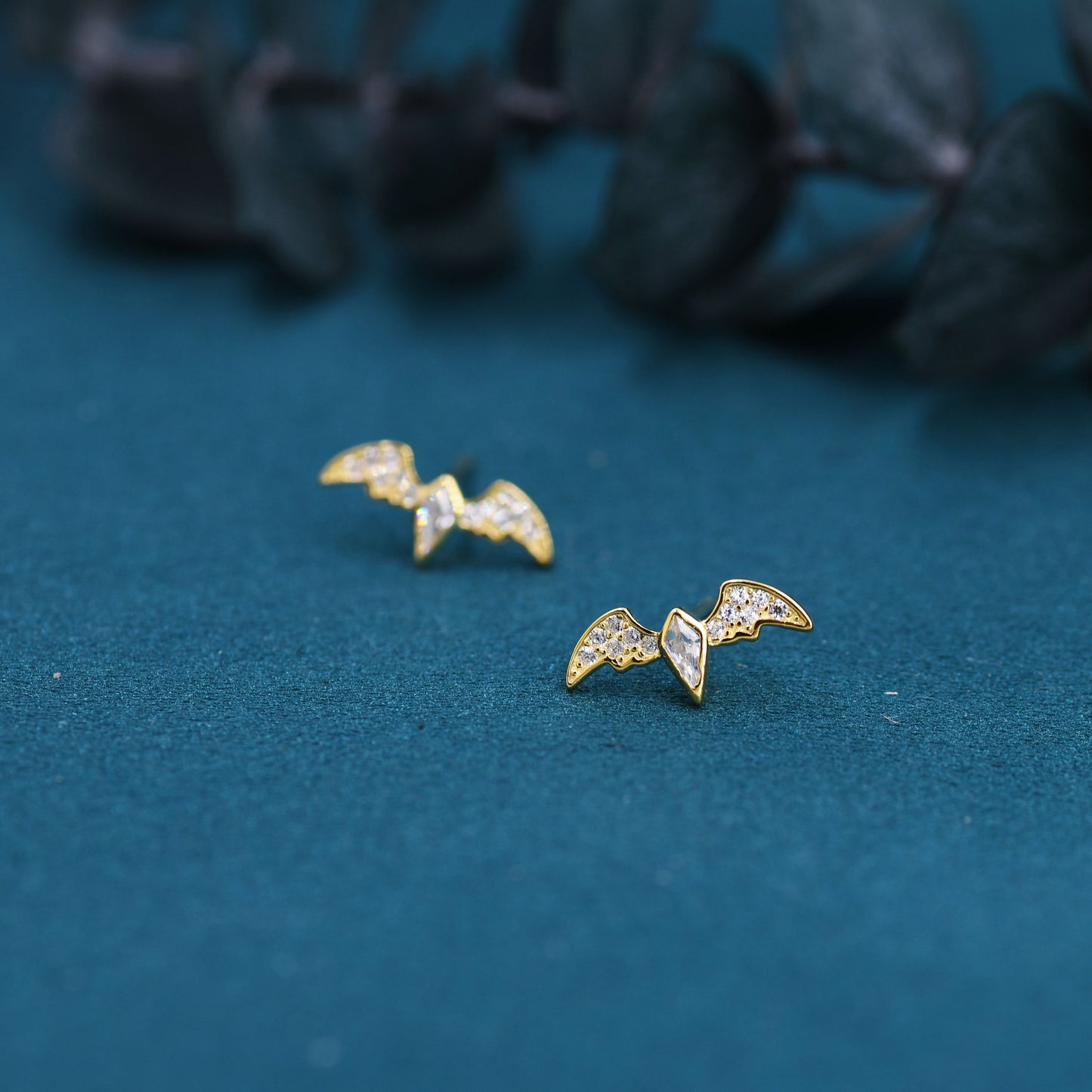 CZ Crystal Bat Stud Earrings in Sterling Silver, Silver or Gold, Rhombus Bat Earrings, Stacking Earrings, Animal Earrings