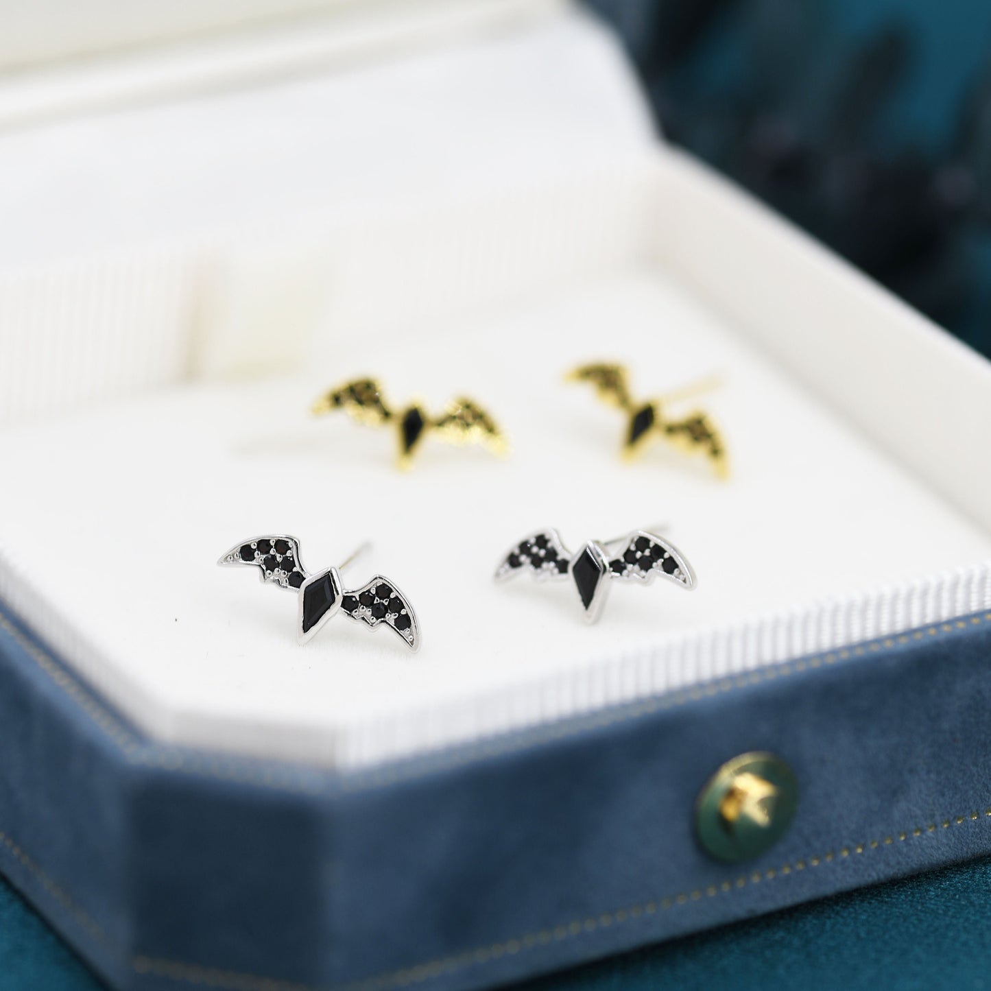 Black CZ Crystal Bat Stud Earrings in Sterling Silver, Silver or Gold, Rhombus Bat Earrings, Stacking Earrings, Animal Earrings