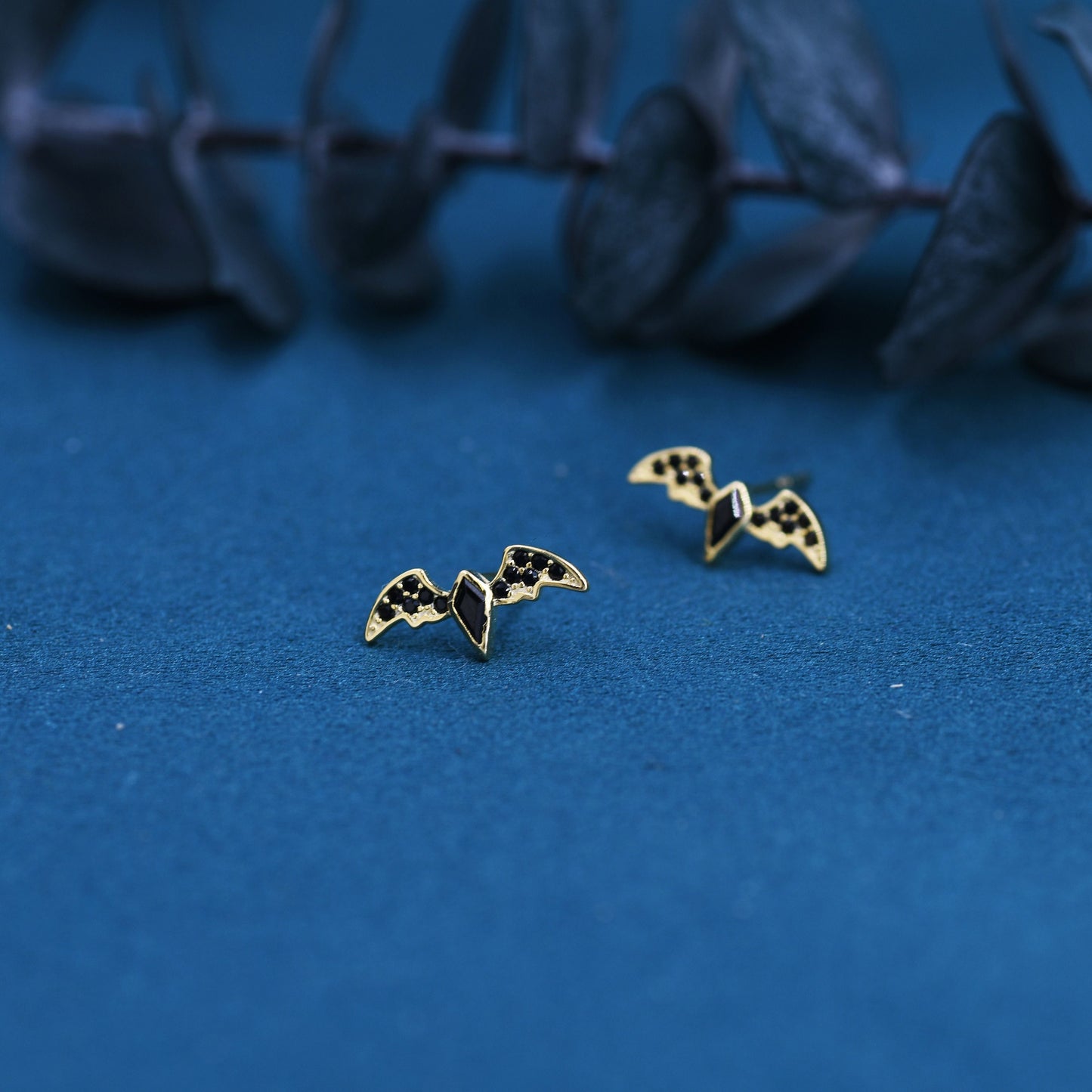 Black CZ Crystal Bat Stud Earrings in Sterling Silver, Silver or Gold, Rhombus Bat Earrings, Stacking Earrings, Animal Earrings