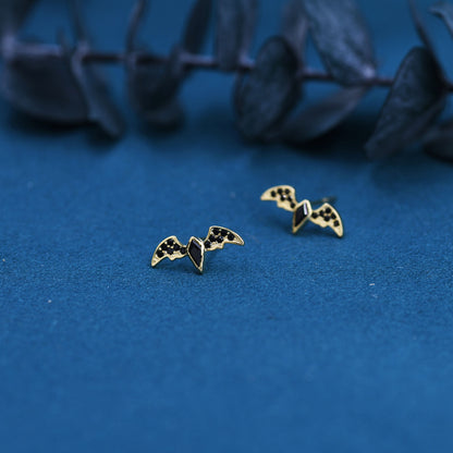 Black CZ Crystal Bat Stud Earrings in Sterling Silver, Silver or Gold, Rhombus Bat Earrings, Stacking Earrings, Animal Earrings