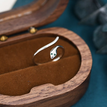 Snake Wrap Ring in Sterling Silver - Emerald Green Eyed Snake Ring - Adjustable and Available in Three Sizes