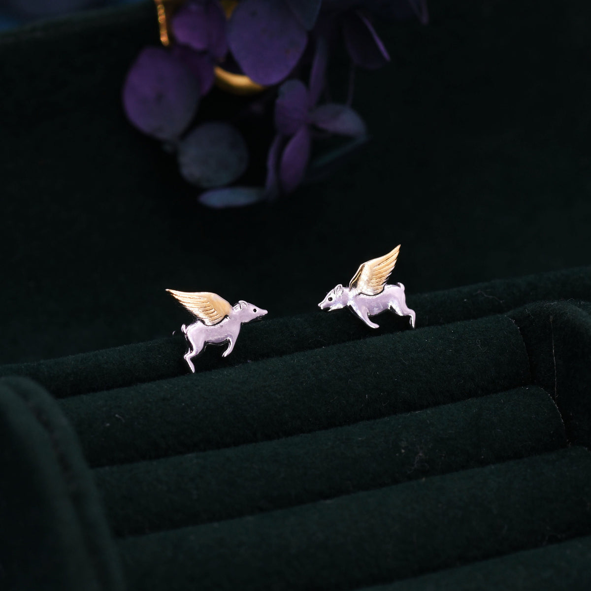 Flying Pig Stud Earrings in Sterling Silver - Pigs Can Fly - Farm Animal Stud Earrings - Cute, Fun, Whimsical