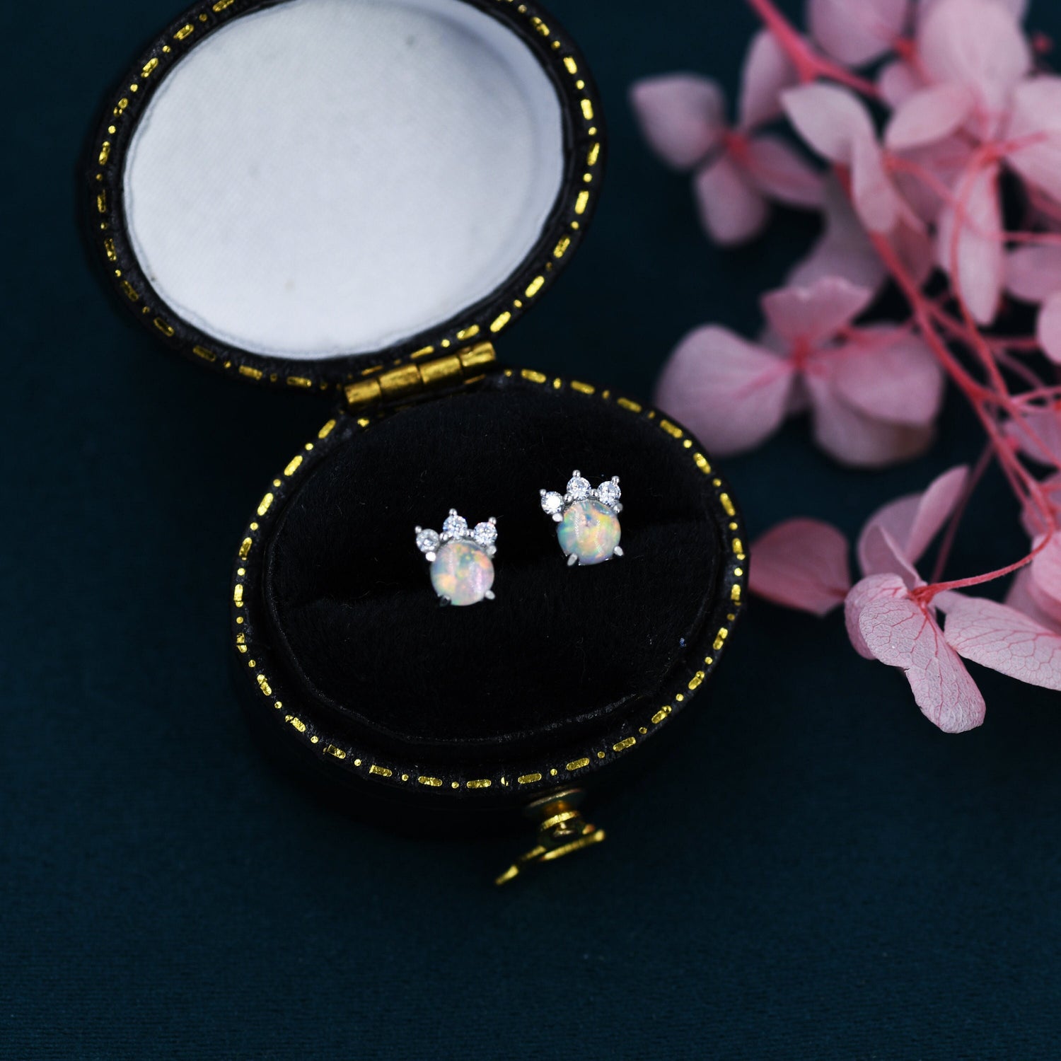 Tiny Opal with CZ Stud Earrings in Sterling Silver, Silver, Gold or Rose Gold, Vintage Inspired Design, Opal Crown Earrings Crown Stud
