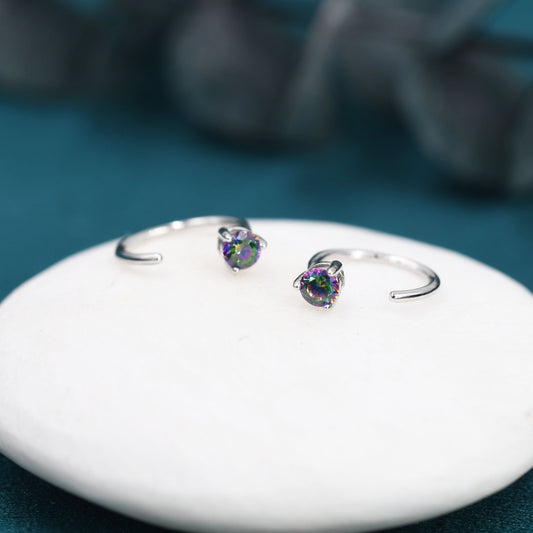 Mystic Topaz Crystal Huggie Hoop Threader Earrings in Sterling Silver, 3mm Three Prong, Gold or Silver, Pull Through Open Hoops