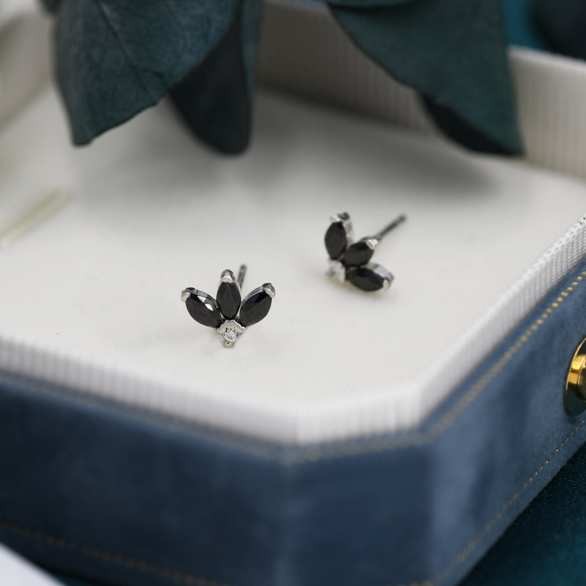 Sterling Silver Black CZ Marquise Cluster Stud Earrings, Gold or Silver, Marquise Fan Stud, CZ Crown Stud, Three Marquise Stud