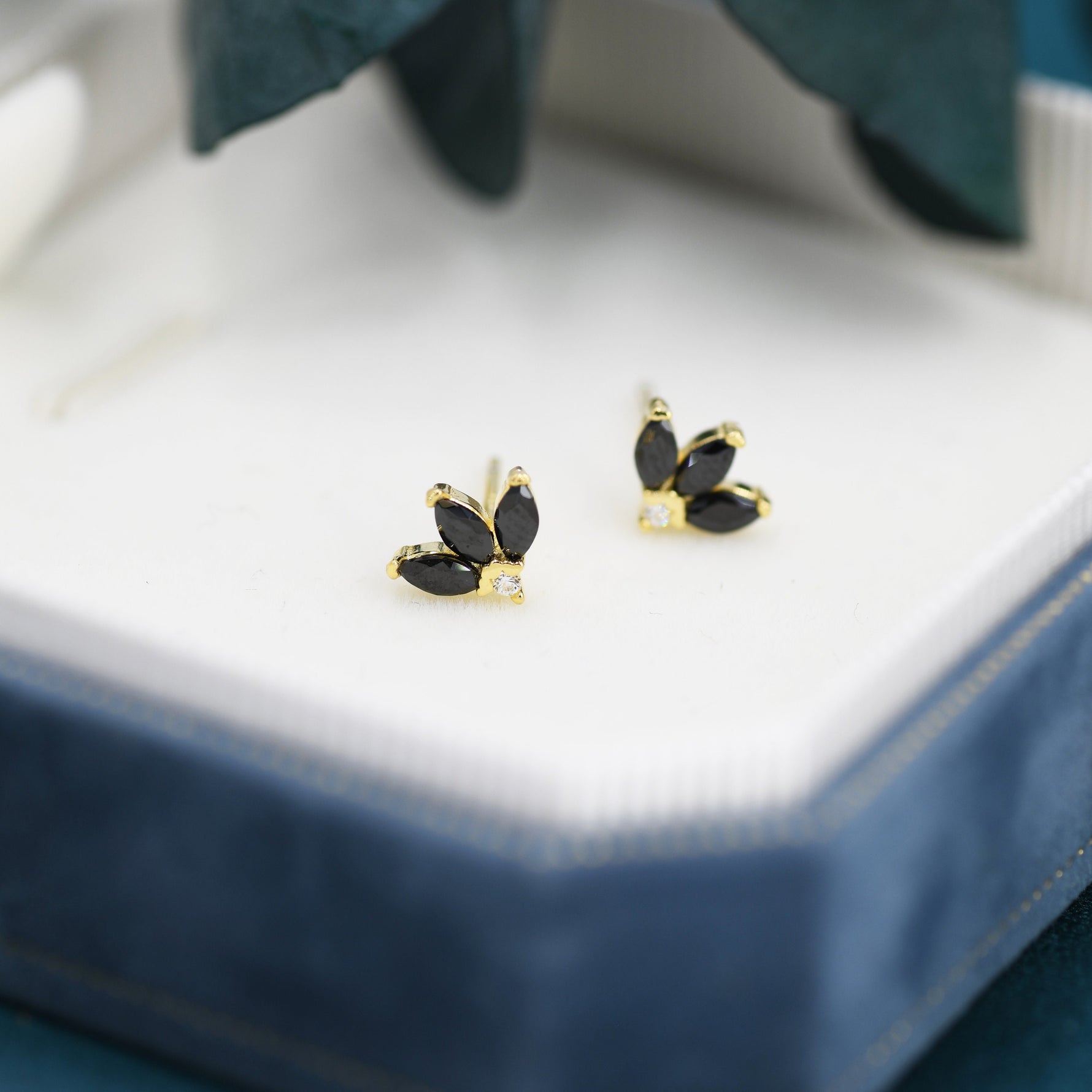 Sterling Silver Black CZ Marquise Cluster Stud Earrings, Gold or Silver, Marquise Fan Stud, CZ Crown Stud, Three Marquise Stud