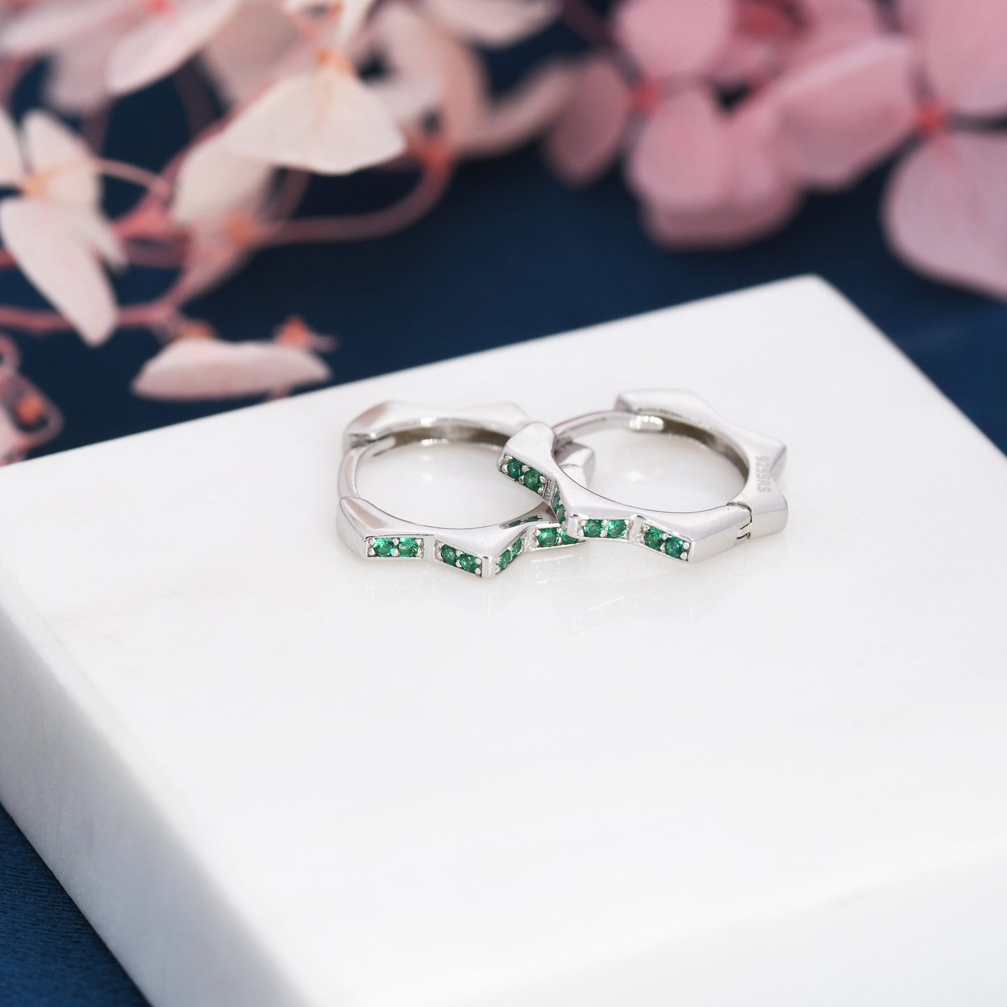 Emerald Green CZ Flower Huggie Hoops, Sunburst CZ Hoop Earrings, Starburst Crystal Flower Huggie Earrings, Emerald Crystal Hoop Earrings