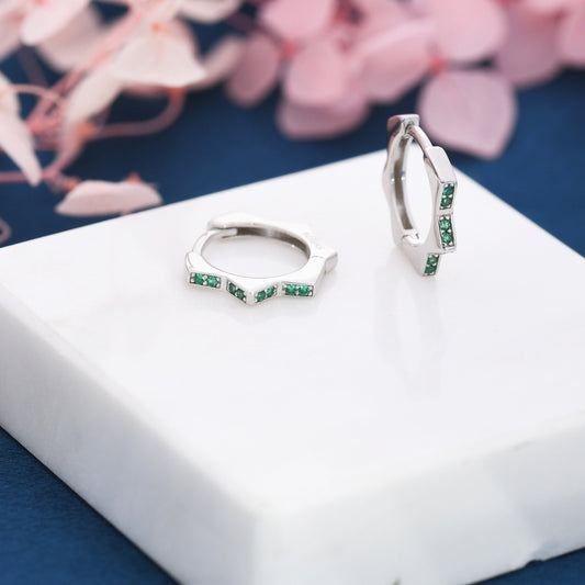 Emerald Green CZ Flower Huggie Hoops, Sunburst CZ Hoop Earrings, Starburst Crystal Flower Huggie Earrings, Emerald Crystal Hoop Earrings