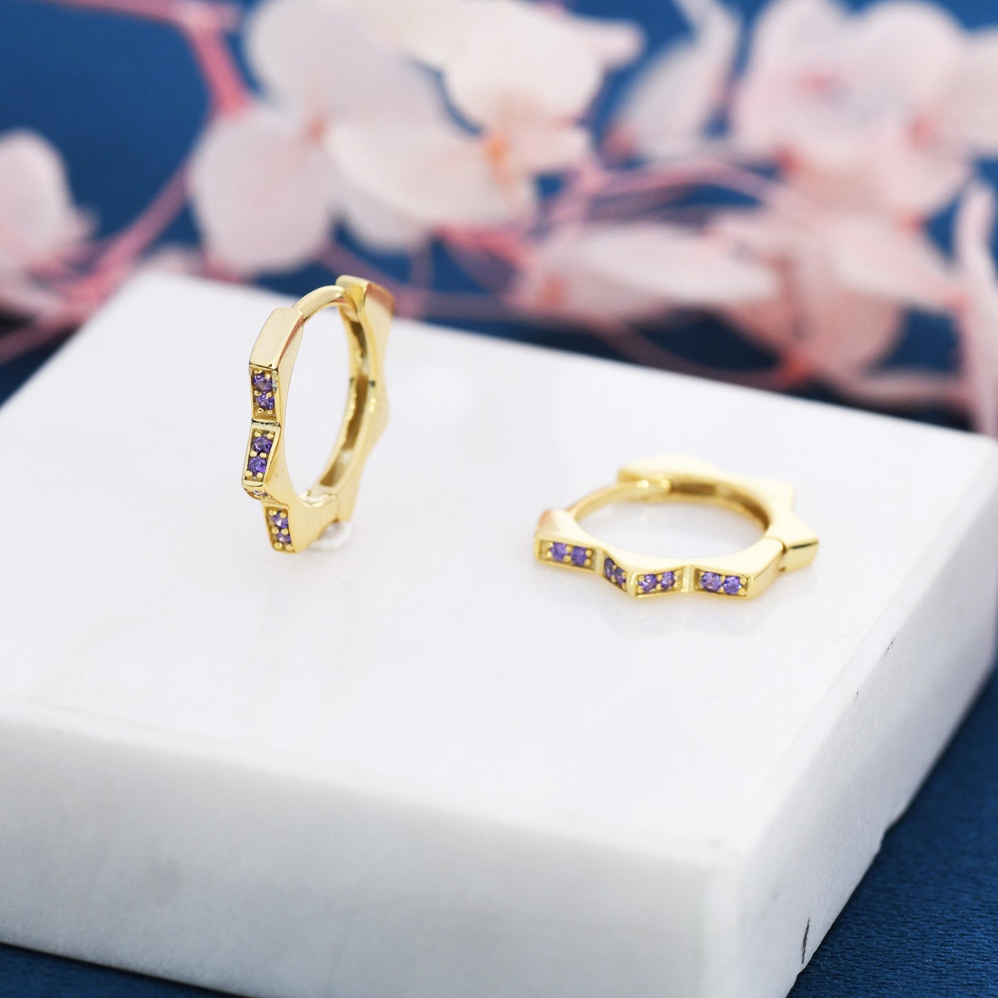 CZ Amethyst Flower Huggie Hoops, CZ Hoop Earrings, Crystal Sunburst Huggie Earrings, Purple Crystal Hoop Earrings, February Birthstone