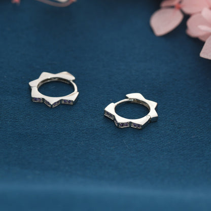 CZ Amethyst Flower Huggie Hoops, CZ Hoop Earrings, Crystal Sunburst Huggie Earrings, Purple Crystal Hoop Earrings, February Birthstone