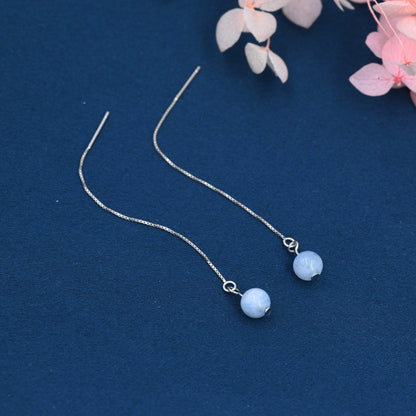 Natural Aquarmarine Beads Threader Earrings in Sterling Silver, Genuine Aquamarine Crystal Ear Threaders