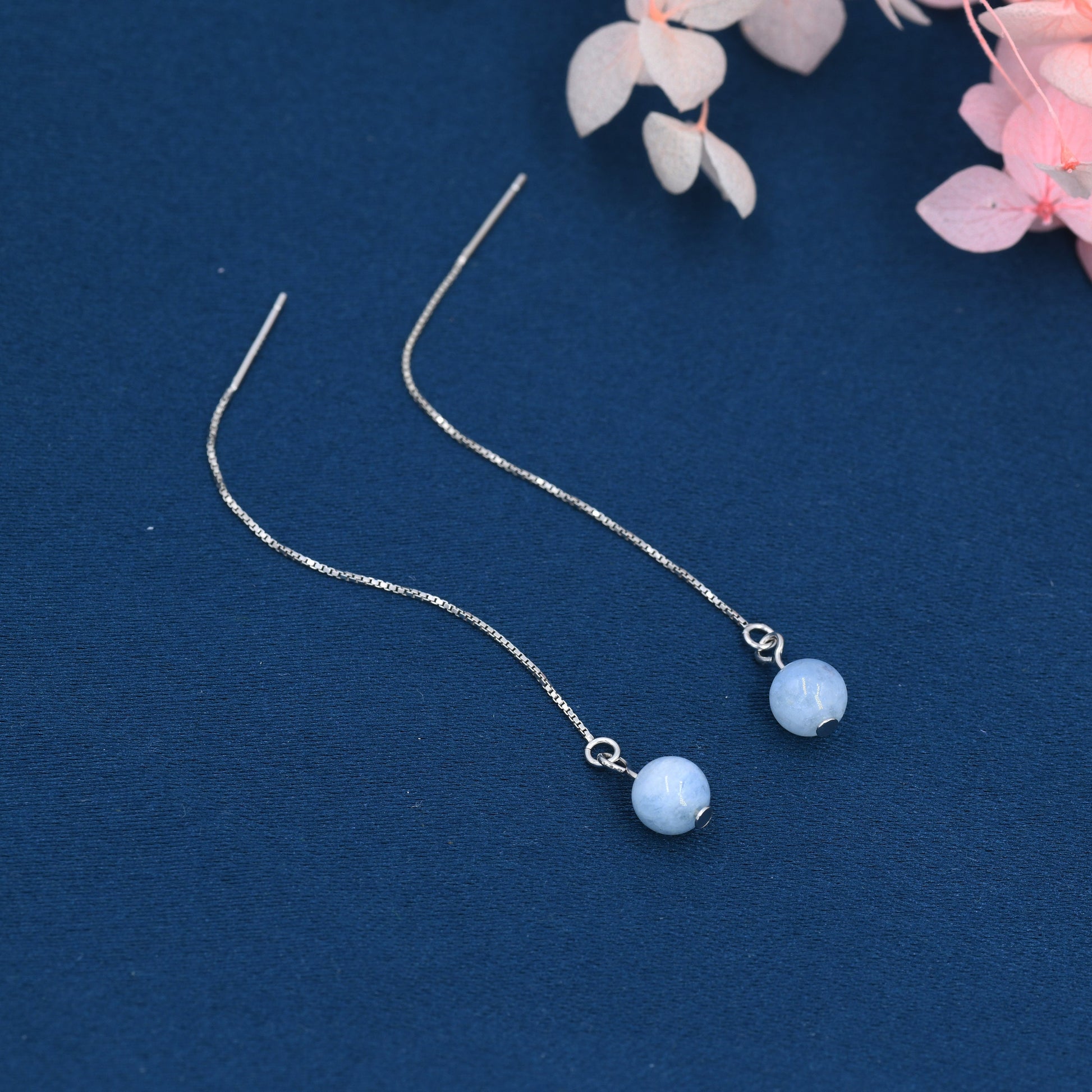Natural Aquarmarine Beads Threader Earrings in Sterling Silver, Genuine Aquamarine Crystal Ear Threaders