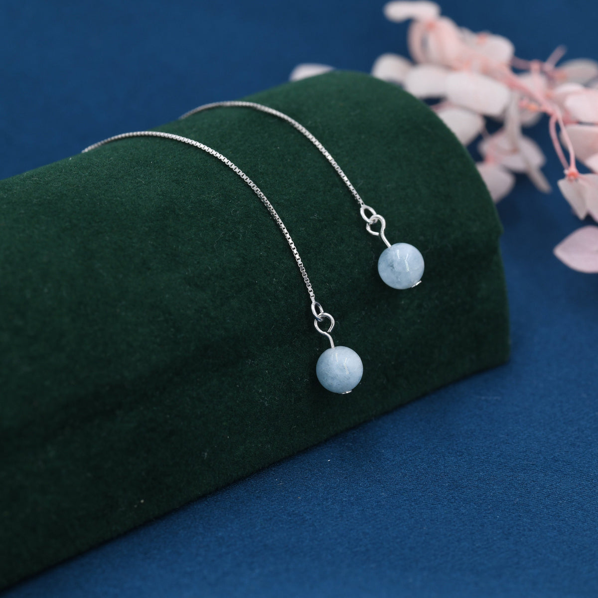 Natural Aquarmarine Beads Threader Earrings in Sterling Silver, Genuine Aquamarine Crystal Ear Threaders