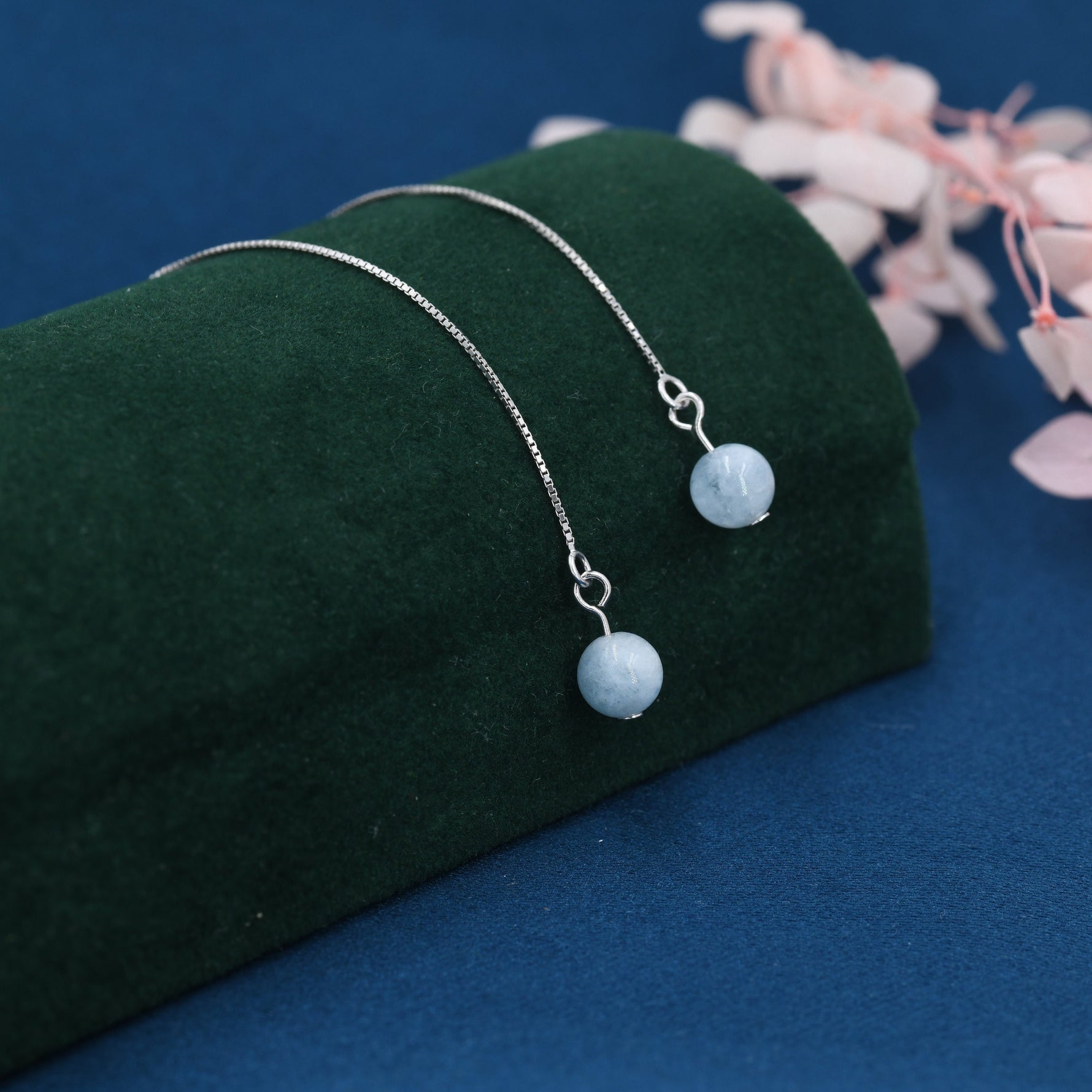 Natural Aquarmarine Beads Threader Earrings in Sterling Silver, Genuine Aquamarine Crystal Ear Threaders