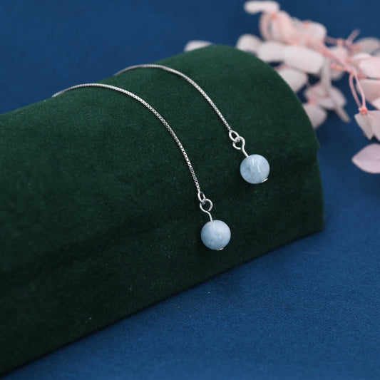 Natural Aquarmarine Beads Threader Earrings in Sterling Silver, Genuine Aquamarine Crystal Ear Threaders