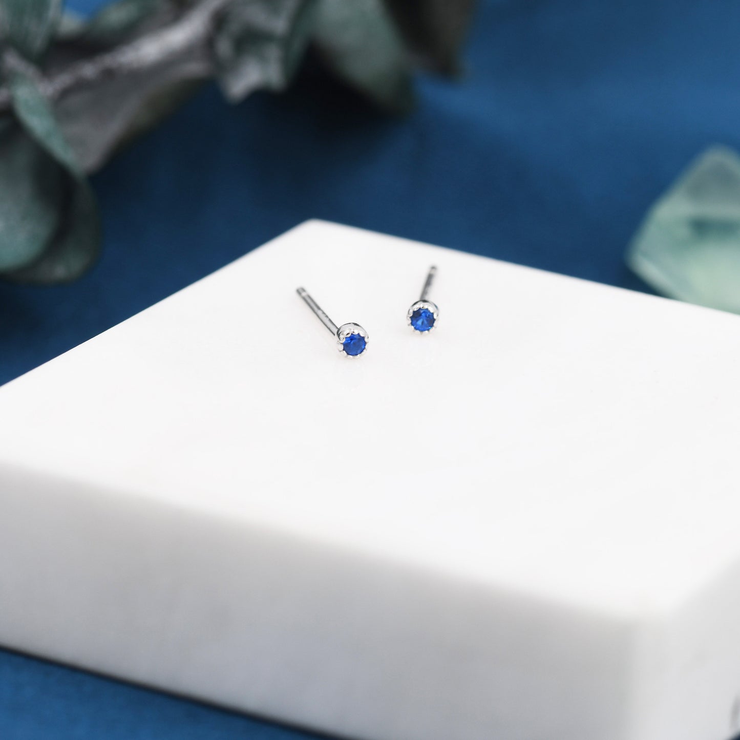 Extra Tiny 2mm Sapphire Blue CZ Stud Earrings in Sterling Silver, Barely Visible CZ Earrings, Stacking Earrings, Extra Small Stud Earrings