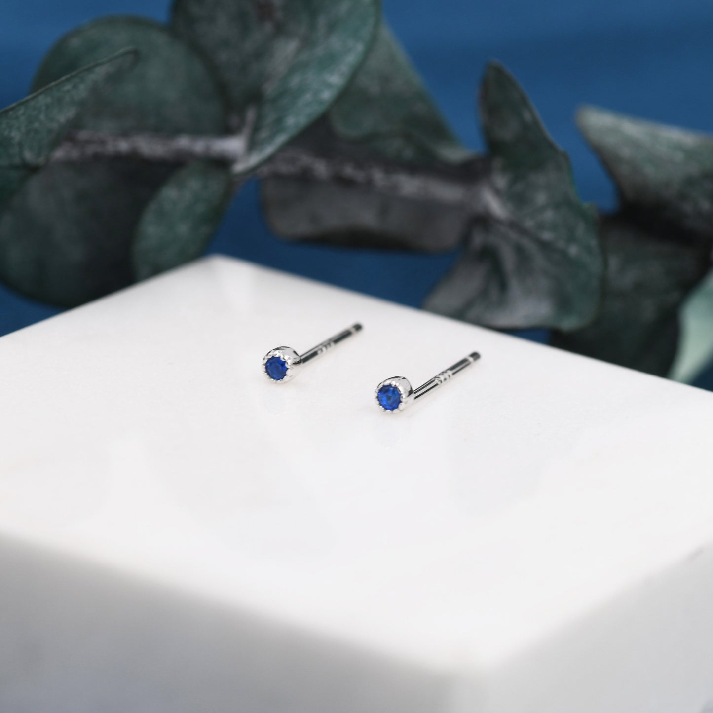 Extra Tiny 2mm Sapphire Blue CZ Stud Earrings in Sterling Silver, Barely Visible CZ Earrings, Stacking Earrings, Extra Small Stud Earrings