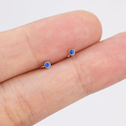 Extra Tiny 2mm Sapphire Blue CZ Stud Earrings in Sterling Silver, Barely Visible CZ Earrings, Stacking Earrings, Extra Small Stud Earrings